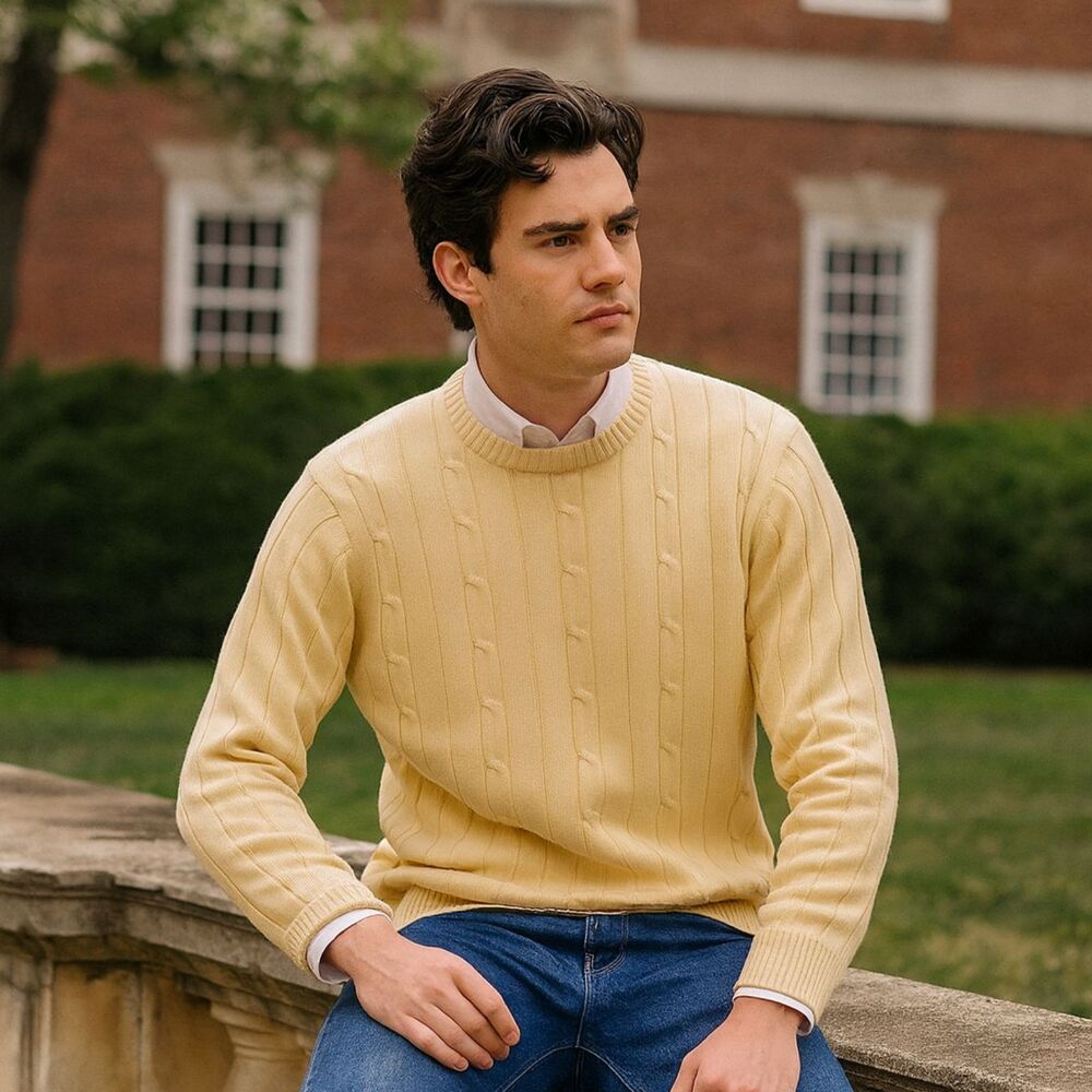 Mountain Lake Cable Knit Cotton Sweater Mens Sz L Butter Yellow Preppy Crew NEW